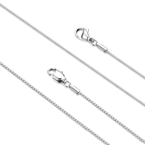 LOLIAS 2Pcs Stainless Steel Chain Necklace for Women Silver Tone | 1mm Non Tarnish Thin & Strong Silver Chain Necklace Snake Box Necklace, 16-30 Inch