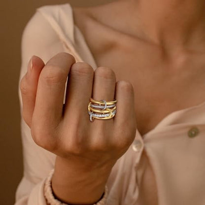SLOONG Gold Stackable Rings for Women, Dainty 18k Gold Plated Cubic Zirconia Rings,Gold Silver Multi Ring Mixed Metals Stackable Ring Set for Women Non Tarnish Style2#9