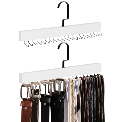 StorageWorks Tie Hanger with 20 Swivel Hooks, 2 Pack Wooden Hanger, White | Sturdy White Tie Wooden Hanger with 180° Swivel Hooks, Space Saver Rack for Ties, Belts, Scarves in Closet - color: White