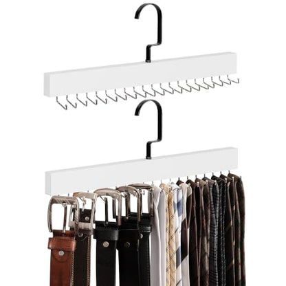 StorageWorks Tie Hanger with 20 Swivel Hooks, 2 Pack Wooden Hanger, White | Sturdy White Tie Wooden Hanger with 180° Swivel Hooks, Space Saver Rack for Ties, Belts, Scarves in Closet - color: White