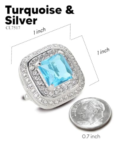 Square Colored Crystal Double Diamond Set Cufflinks - color: Turquoise/Silver