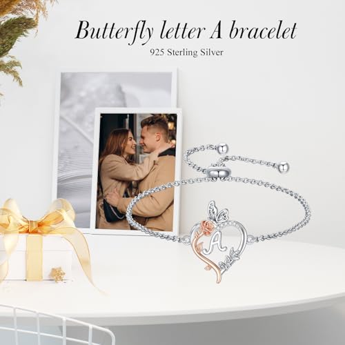TOUPOP Gifts for Women Rose Heart Initial Bracelet 925 Sterling Silver Butterfly Letter Link Bracelet Love Jewelry Anniversary Birthday Gifts for Wife Girlfriend Mom Her - style: Initial A
