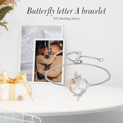 TOUPOP Gifts for Women Rose Heart Initial Bracelet 925 Sterling Silver Butterfly Letter Link Bracelet Love Jewelry Anniversary Birthday Gifts for Wife Girlfriend Mom Her - style: Initial A