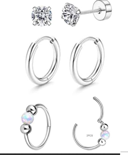 2PCS 18G Opal Cartilage Hoop Earrings, Hypoallergenic Silver Huggie Hoops | 316L Surgical Stainless Steel, 8mm 10mm sizes, hinged closure for easy wear, helix, tragus, conch, nose and daily styling - style: 3Pairs 8mm Hoops Set