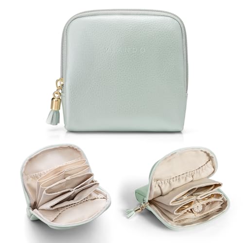 VLANDO Small Travel Jewelry Case,Velvet Pouch Bags with Zipper,Mint Green | Travel Essentials,PU Leather Organizer with 5 Divided Sections,Carry-On Totes,Gift for Birthday,Bride,Bridesmaid,Women,Girls - color: B.Mint Green