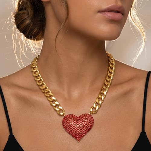 Gold Cuban Link Chain Necklace with Red Crystal Heart Pendant, Statement Chunky Curb Link Chain，Fashion Jewelry for Women - color: Red