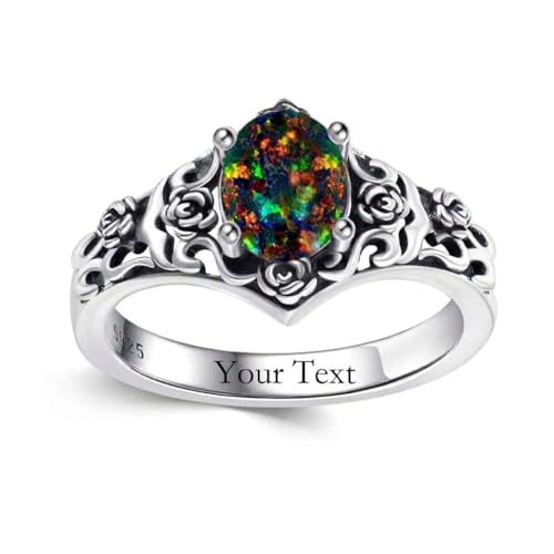 1 CT Oval Cut Gemstone Vintage Filigree Ring 925 Sterling Silver Retro Rose Teardrop Birthstone Statement Ring Anniversary Jewelry Gifts for Women Ring Size 4-13 - color: Black Opal