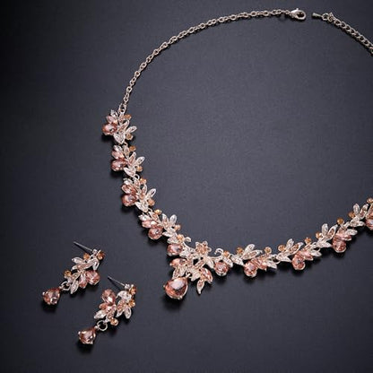 Women's Wedding Jewelry Set Leaf Flower for Bridal Prom Party | Stunning Crystal Teardrop Marquise Cluster Pendant Necklace Dangle Earrings Set for Bride Bridesmaid - color: 07-Peach Rose-Gold-Plated-Base