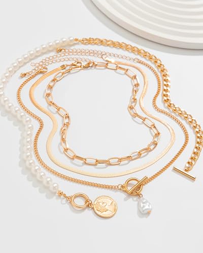 Gold Layered Necklaces for Women Chunky Layered Gold Necklaces Stacked Paperclip Chain Pearl Necklace Herringbone Toggle Clasp Choker Trendy Statement Jewelry Gifts - color: A8:chunky gold necklaces