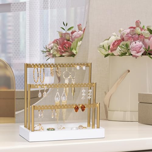 SANY DAYO HOME 3-Tier Earring Holder Organizer Stand, 105 Holes Gold Metal Earring Rack Jewelry Display Tree with White Wood Tray for Women and Girls - color: Gold Rack White Base