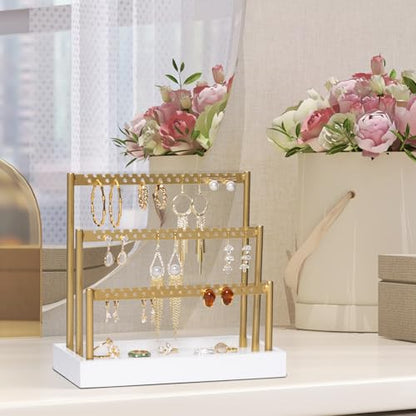 SANY DAYO HOME 3-Tier Earring Holder Organizer Stand, 105 Holes Gold Metal Earring Rack Jewelry Display Tree with White Wood Tray for Women and Girls - color: Gold Rack White Base
