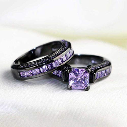 Couple Ring Bridal Sets His And Hers Women Black Gold Filled Square Violet CZ Men Tungsten Carbide Band Wedding Ring Band Set - size: women's size 8 & men's size 8