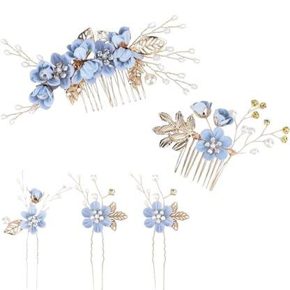 5 Pcs Blue Bridal Hair Comb and Hair Pins Set, Flower Wedding Hair Accessories with Rhinestones Pearls for Bride Bridesmaids Prom Party
