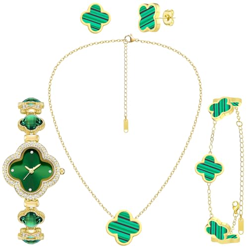 5 Pieces Lucky Clover Jewelry Set for Women Gold Jewelry Set 18K Gold Plated Flower Design Five Leaf Necklace Bracelet Ring Earrings for Women - color: Clover Green Watch
