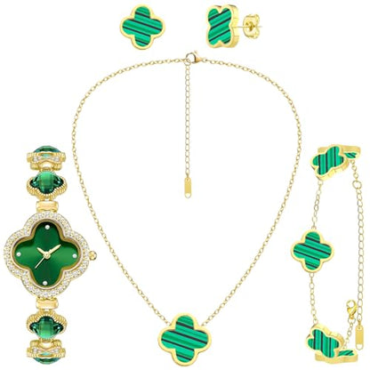 5 Pieces Lucky Clover Jewelry Set for Women Gold Jewelry Set 18K Gold Plated Flower Design Five Leaf Necklace Bracelet Ring Earrings for Women - color: Clover Green Watch