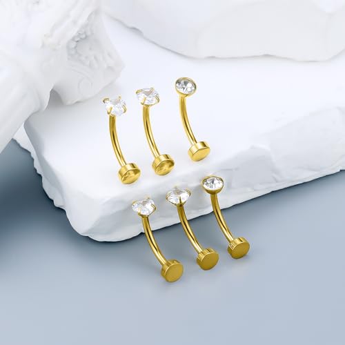 Vsnnsns 14G Floating Belly Button Ring Piercing Jewelry 316L Stainless Surgical Steel Round Heart Cubic Zirconia Navel Rings Belly Button Ring Piercing Jewelry for Women 14 Gauge Hypoallergenic - color: Gold-8MM Bar-Clear CZ