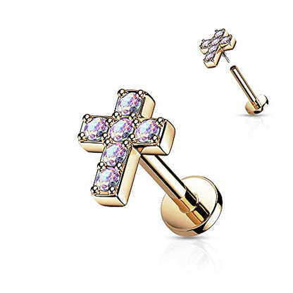 Covet Jewelry 6 CZ Cross Top with Internally Threaded Surgical Steel Flat Back Studs with Extended Threading for Labret, Monroe, Cartilage and More - style: 16GA, L: 5/16" (8mm), Rose Gold/Aurora Borealis