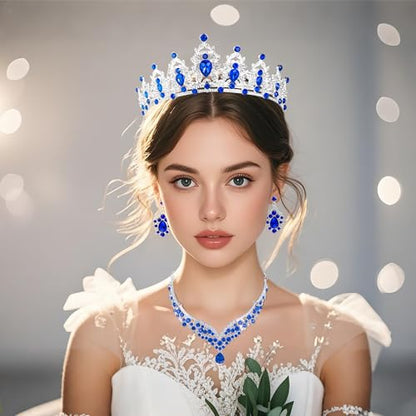 Crowns and Tiaras jewelry sets for Wedding princess birthday party Halloween Prom Pageant Jewelry for Women Crystal Bridal Jewelry Set for women - color: Silver Blue