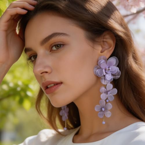 Flower Earrings for Women Long Fabric Flower Tassel Earrings Bohemian Handmade Floral Statement Earring Wedding Prom Jewelry Gifts - color: A6:purple