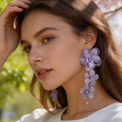 Flower Earrings for Women Long Fabric Flower Tassel Earrings Bohemian Handmade Floral Statement Earring Wedding Prom Jewelry Gifts - color: A6:purple