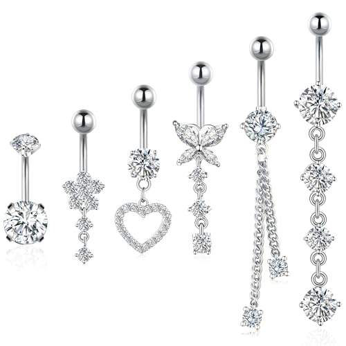 BSJ4U Belly Button Ring Gold Plated Silver CZ Belly Rings for Women Heart Butterfly Flower Dangle Navel Belly Button Piercing Jewelry - color: Silver Belly Button Rings