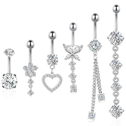 BSJ4U Belly Button Ring Gold Plated Silver CZ Belly Rings for Women Heart Butterfly Flower Dangle Navel Belly Button Piercing Jewelry - color: Silver Belly Button Rings