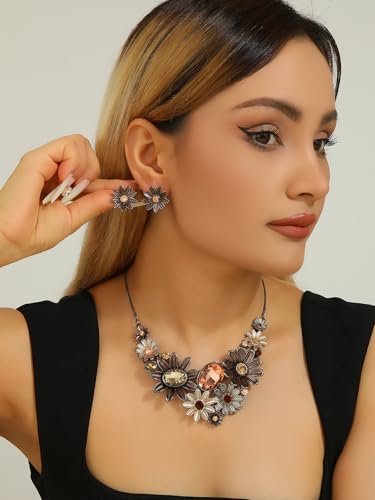 Chunky Statement Jewelry Set Vintage Retro Leaf Flower Floral Geometric Bohemian Boho Bib Necklace Earring Set Fashion Costume Jewelry for Women Girls Wedding Party Prom Unique Gift - style: sunflower crystal JS black brown
