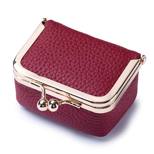 Genuine Leather Mini Jewelry Box - Vintage-Inspired Travel Jewelry Organizer with Kiss Lock, Compact Ring Box for Women, Perfect for Earrings, Rings, Necklaces, Bracelets (B Red) - color: Red L 2.95in