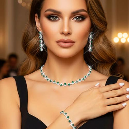 Aukmla Bridal Wedding Jewelry Set Silver Rhinestones Choker Necklaces Earrings Bracelet Sets Prom Jewelry for Women and Brides - color: Green