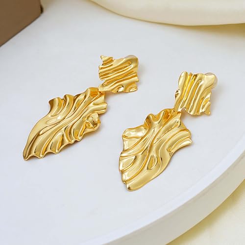 Large Geometric Drop Dangle Earrings for Women Pearl Teardrop Disc Rectangle Oval Fishtail Shell Shaped Textured Dangle Studs Earrings for Women - color: Gold-Textured