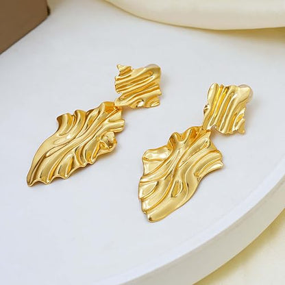 Large Geometric Drop Dangle Earrings for Women Pearl Teardrop Disc Rectangle Oval Fishtail Shell Shaped Textured Dangle Studs Earrings for Women - color: Gold-Textured