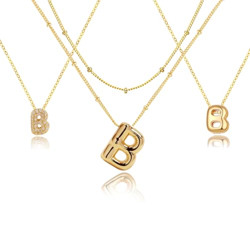 stino 4PCs Bubble Initial Letter Necklace Set, No Tarnish 14K Gold Plated Alphabet Pendant, Jewelry for Women - style: B