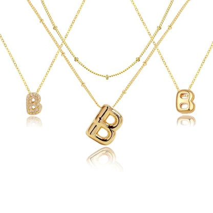 stino 4PCs Bubble Initial Letter Necklace Set, No Tarnish 14K Gold Plated Alphabet Pendant, Jewelry for Women - style: B