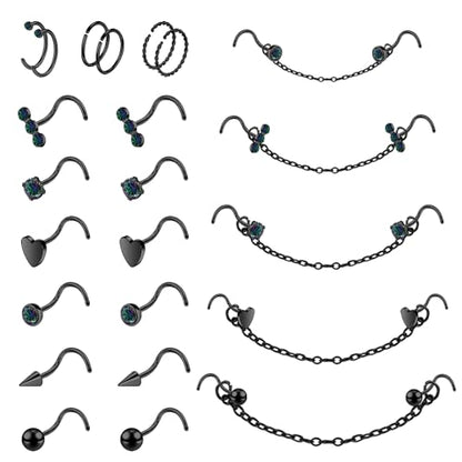 20G Nose Rings Studs with Chain Piercing Across Double Nose Stud Nose Hoop Spike Heart Ball CZ Surgical Steel Nostril Piercing Jewelry for Women Men, Black Silver Gold - color: BK-S