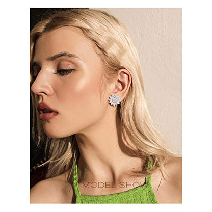Crystal Flower Burst Stud Earirings - Big Sterling Silver CZ Cubic Zirconia Rhinestone Daisy Sunflower Floral Cluster Studs Bridal Wedding Party Prom Costume Jewelry for Bride Bridesmaids Women Birthstone Birthday Gift - color: Silver