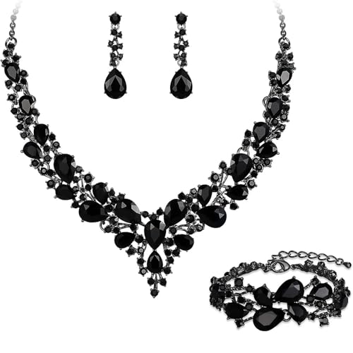 Crystal Bridal Jewelry Set, Floral Statement Necklace, Earrings, Bracelet, Wedding Accessories - color: Black