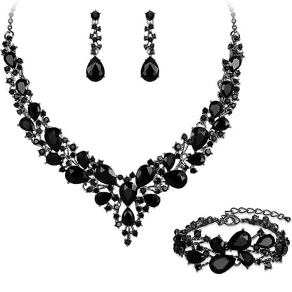 Crystal Bridal Jewelry Set, Floral Statement Necklace, Earrings, Bracelet, Wedding Accessories - color: Black