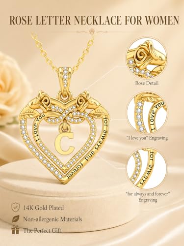 14K Gold Initial Letter Rose Heart Pendant Necklace for Women, Anniversary Birthday Jewelry Gifts for Wife Mom Grandma Sister Daughter, I Love You for Always And Forever - style: 14K Gold-C