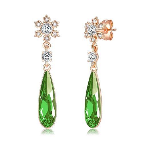 Austrian Crystal Teardrop Earrings Flower Dangle Earrings for Women 14K Gold Plated Drop Stud Earrings Hypoallergenic Jewelry - color: Green