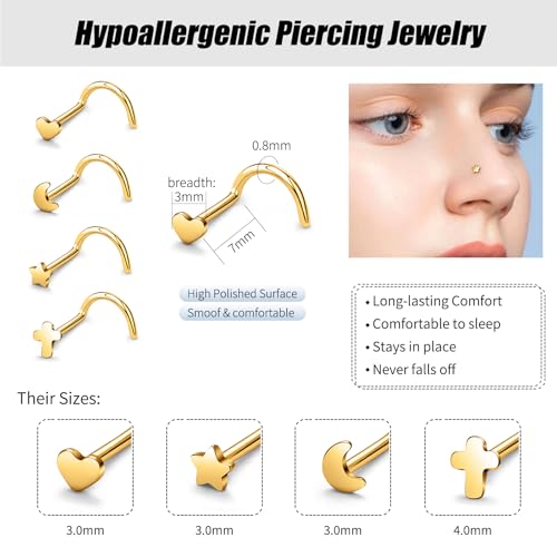 20G Nose Rings for Women, L Shaped Nostril Piercing Studs | 316L Stainless Steel, 0.8 mm×7 mm, 2 mm CZ or 3-4 mm Heart, Star, Moon and Cross, Gold-Tone or Silver-tone, Daily Wear - style: Gold Style A
