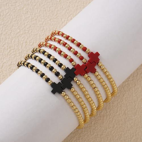 Gold Beaded Bracelets for Women Stackable Boho Gold Plated Colorful Seed Beads Ball Cross Bracelets Stack Elastic Stretch Trendy Jewelry Accessories Non Tarnish Friendship Christian Gift - color: Red Black