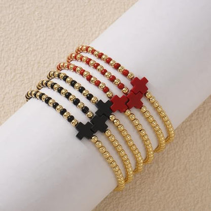 Gold Beaded Bracelets for Women Stackable Boho Gold Plated Colorful Seed Beads Ball Cross Bracelets Stack Elastic Stretch Trendy Jewelry Accessories Non Tarnish Friendship Christian Gift - color: Red Black