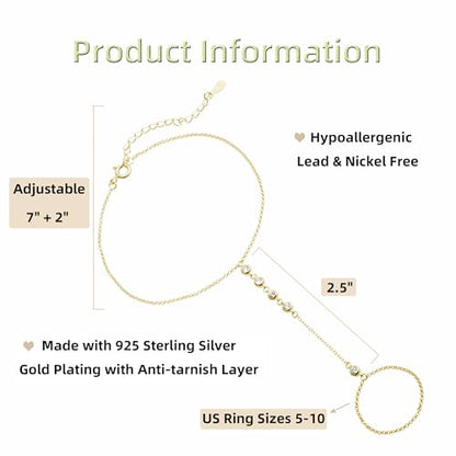 Kakikaki 925 Sterling Silver Finger Ring Bracelet Hand Chain for Women | Slave Bracelets 7" to 9" Adjustable - color: Gold, style: 5 Amethyst