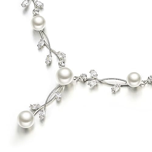 EVER FAITH Cubic Zirconia Pearl Leaf Vine Wedding Jewelry Set for Bride | Crystal Filigree Bridal Necklace Earrings, for Women Bridesmaid - color: 2pcs_Clear Silver-Plated-Brass