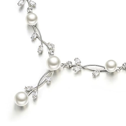 EVER FAITH Cubic Zirconia Pearl Leaf Vine Wedding Jewelry Set for Bride | Crystal Filigree Bridal Necklace Earrings, for Women Bridesmaid - color: 2pcs_Clear Silver-Plated-Brass