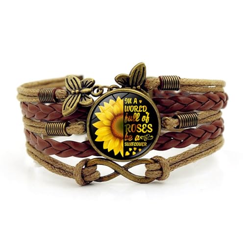 Braided Leather Wrap Bracelet for Women – Adjustable Boho Sunflower Charm Cuff, Vintage Brown Multi-Strand Wristband with Extender Chain - color: Brown