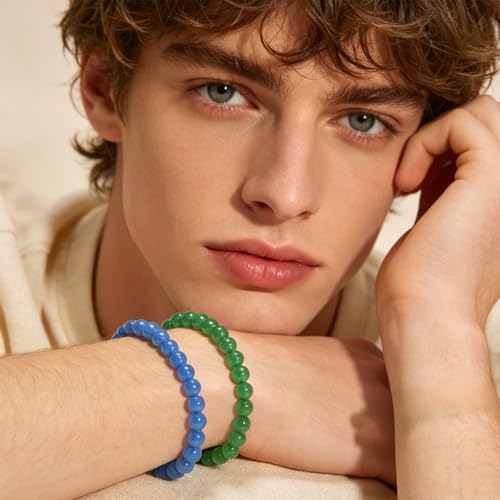 2PCS Agate Bracelet for Women Men Natural Round Beaded Agates Stone Healing Stretch Bracelets Elastic Handmade Polished Gemstone Beads Bracelet - color: Blue+Green, size: 6mm Beads