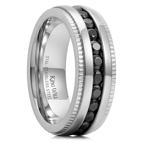 King Will 316L Stainless Steel Wedding Band for Men Cubic Zirconia Inlay | Silver-Tone, 6/7/8mm, Comfort Fit, Durable, Zirconia inlay, Promise Gift - color: Steel-Black-7mm
