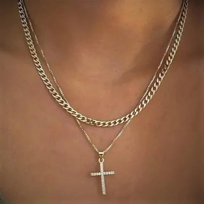 Cross Necklace for Women,Stackable Stacked Stacking Layering Layered Necklaces Dainty Gold Necklace Paperclip Box Flat Mariner Chain Necklace Cross Pendant CZ Diamond Simple Jewelry Gift - color: GD