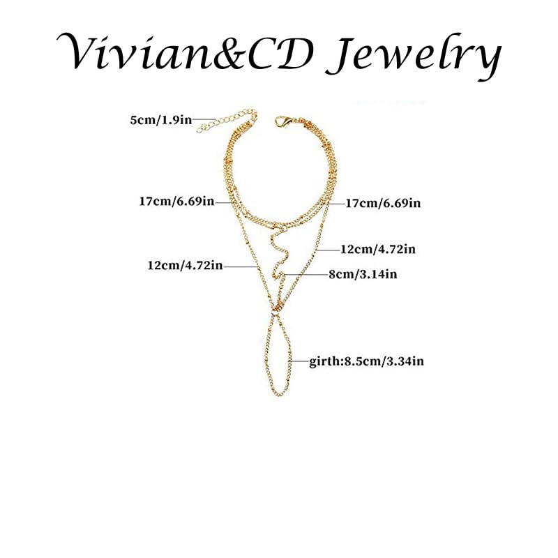 Vivian&CD Trendy Gold Hand Chain Bracelet for Women, 14k Gold Plated Dainty Ring Bracelet, Hypoallergenic Finger Nail Bracelet with Zircon Sequins or Satellite Chain - Elegant Jewelry Gift for Women - style: Gold Layering